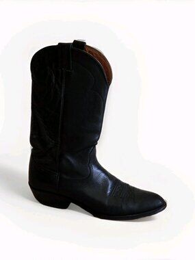 VTG Nocona Deertan Western Boots Men 10 B Black Leather Embroidered Cowboy Ranch